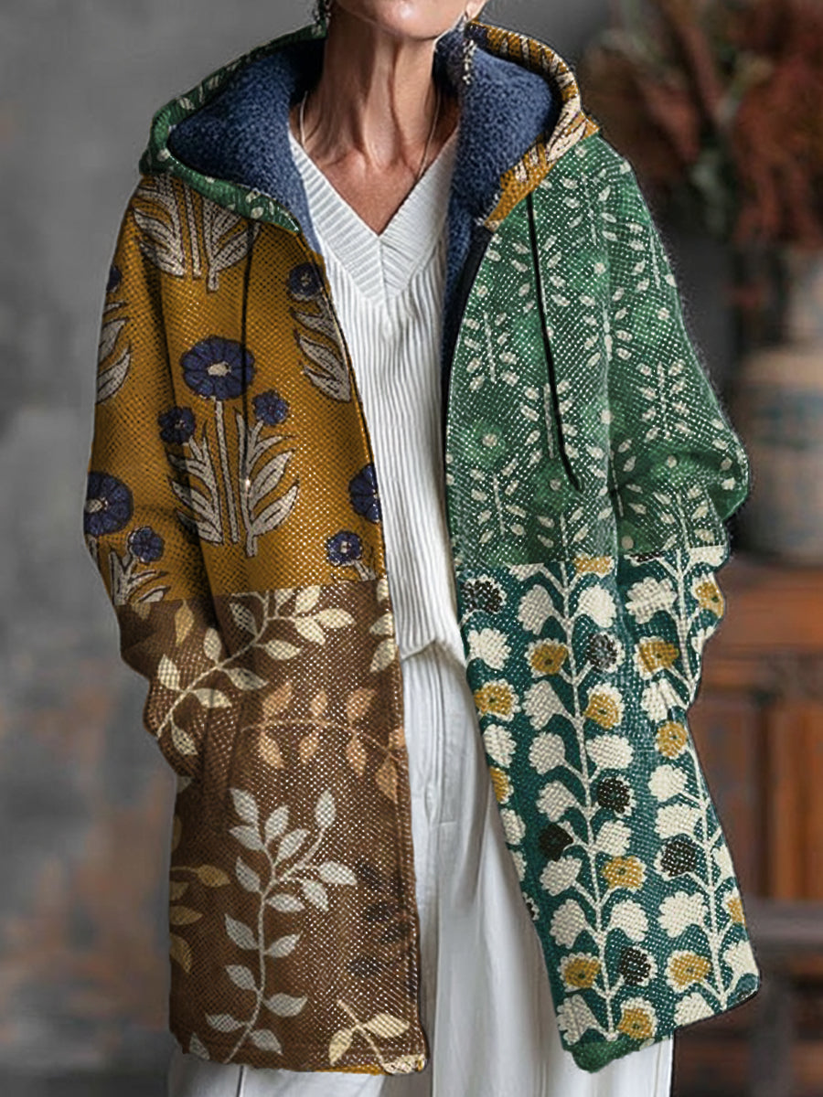 Vintage Ethnic Floral Botanical Painting Art Print Unisex Plush Thick Long-Sleeved Sweater Cardigan Coat