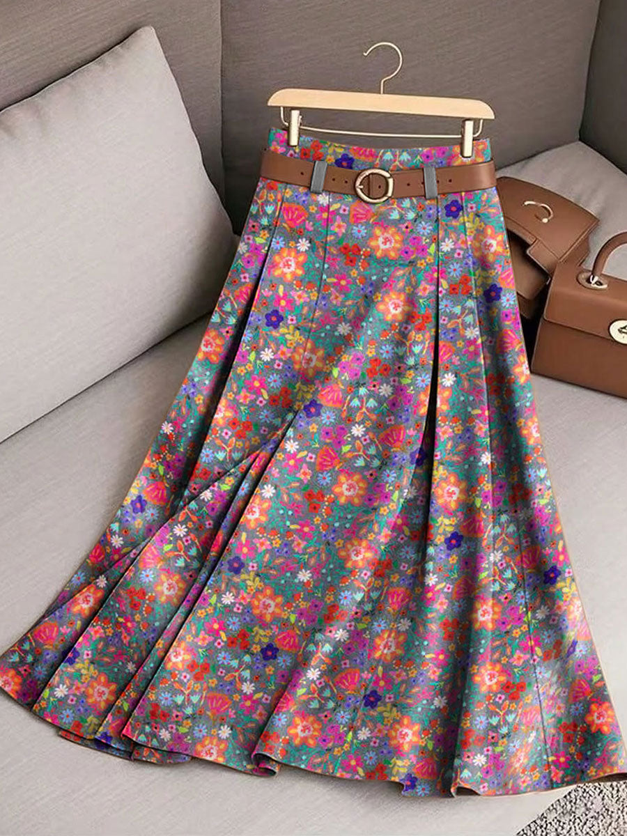 Women's Retro Boho Flowers Pattern Casual Print Cotton Skirt