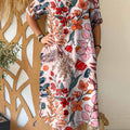 Women's Retro Print V-Neck 3/4 Sleeve Casual Loose Cotton and Linen Dress