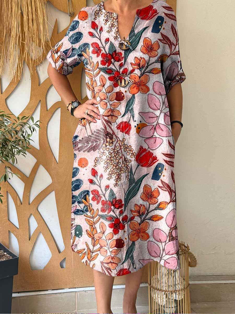 Women's Retro Print V-Neck 3/4 Sleeve Casual Loose Cotton and Linen Dress