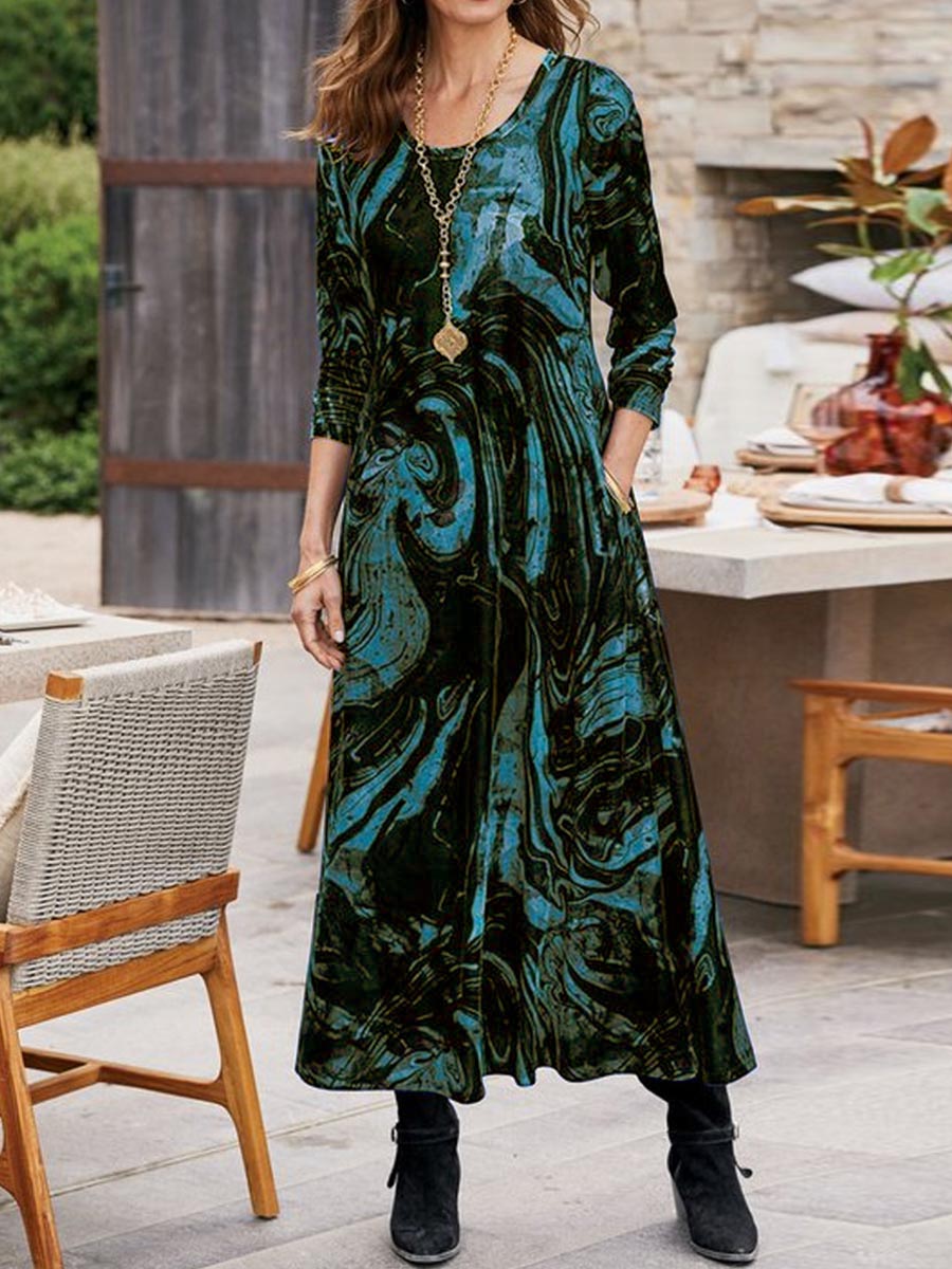 Women's Abstract Print Round Neck Long Sleeve Velvet A-Line Dress