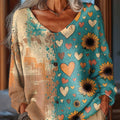 Damen-Pullover mit wunderschönem Vintage-Blumenherz-Kunstdruck, lässiger Aufdruck