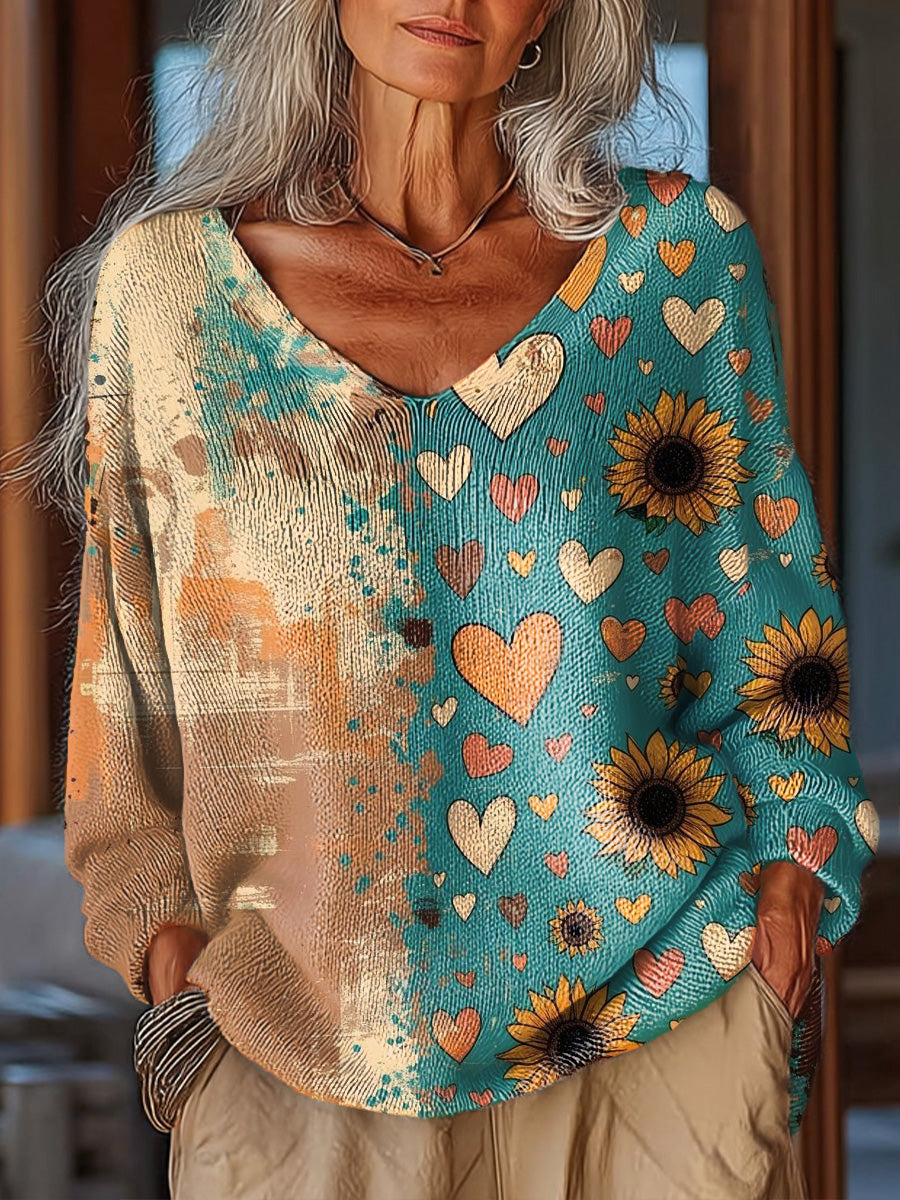 Women's Beautiful Vintage Floral Heart Painting Art Print Casual Pullover Sweater