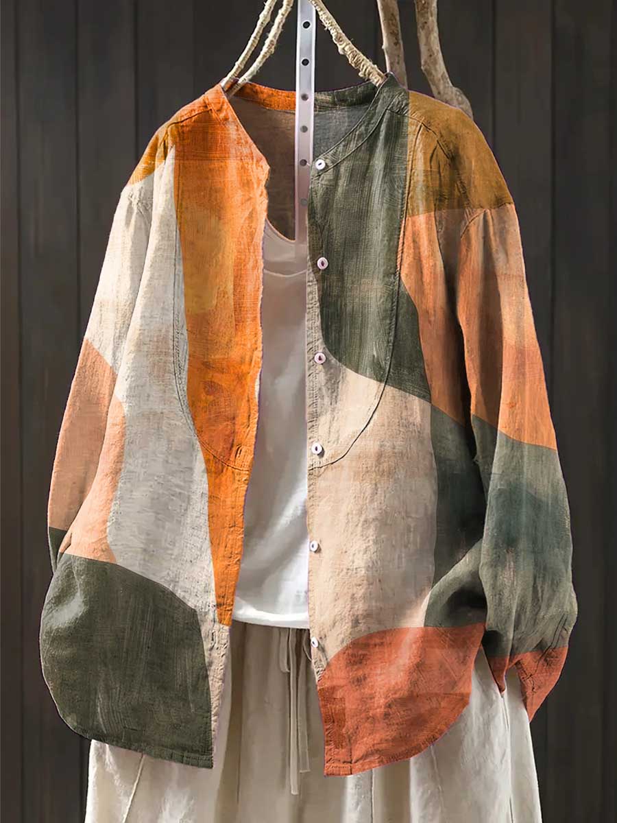 Women's Geometric Pattern Art Print Casual Cotton And Linen Shirt