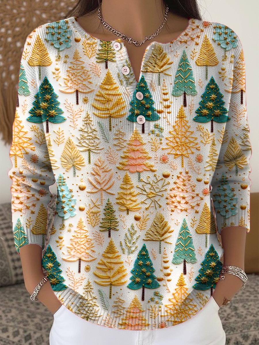 Women's Christmas Tree Art Print Buttoned Cardigan Sweater