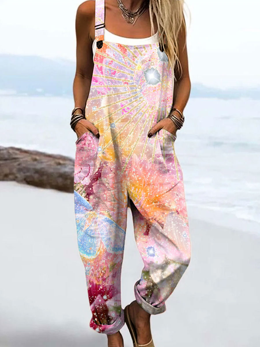 Women's Vintag Abstract Floral Romantic Art Print Casual 100% Cotton Wide Leg Jumpsuit