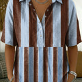 Women's Retro Color-block Striped Cotton-linen Short-sleeve Shirt