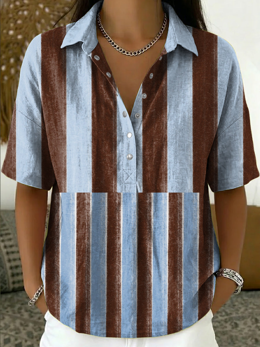 Women's Retro Color-block Striped Cotton-linen Short-sleeve Shirt