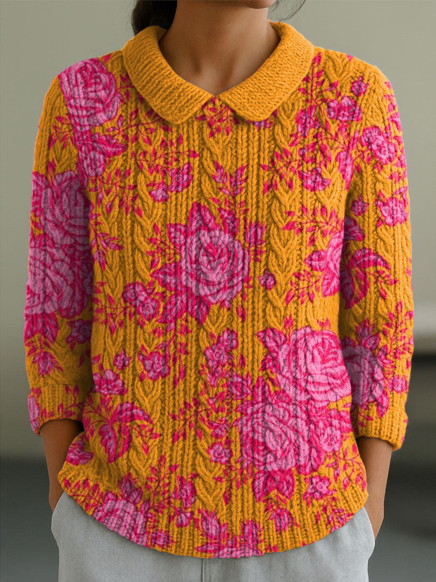 womens-vintage-floral-flowers-art-print-casual-peter-pan-collar-3-4-sleeve-sweater-j5ps