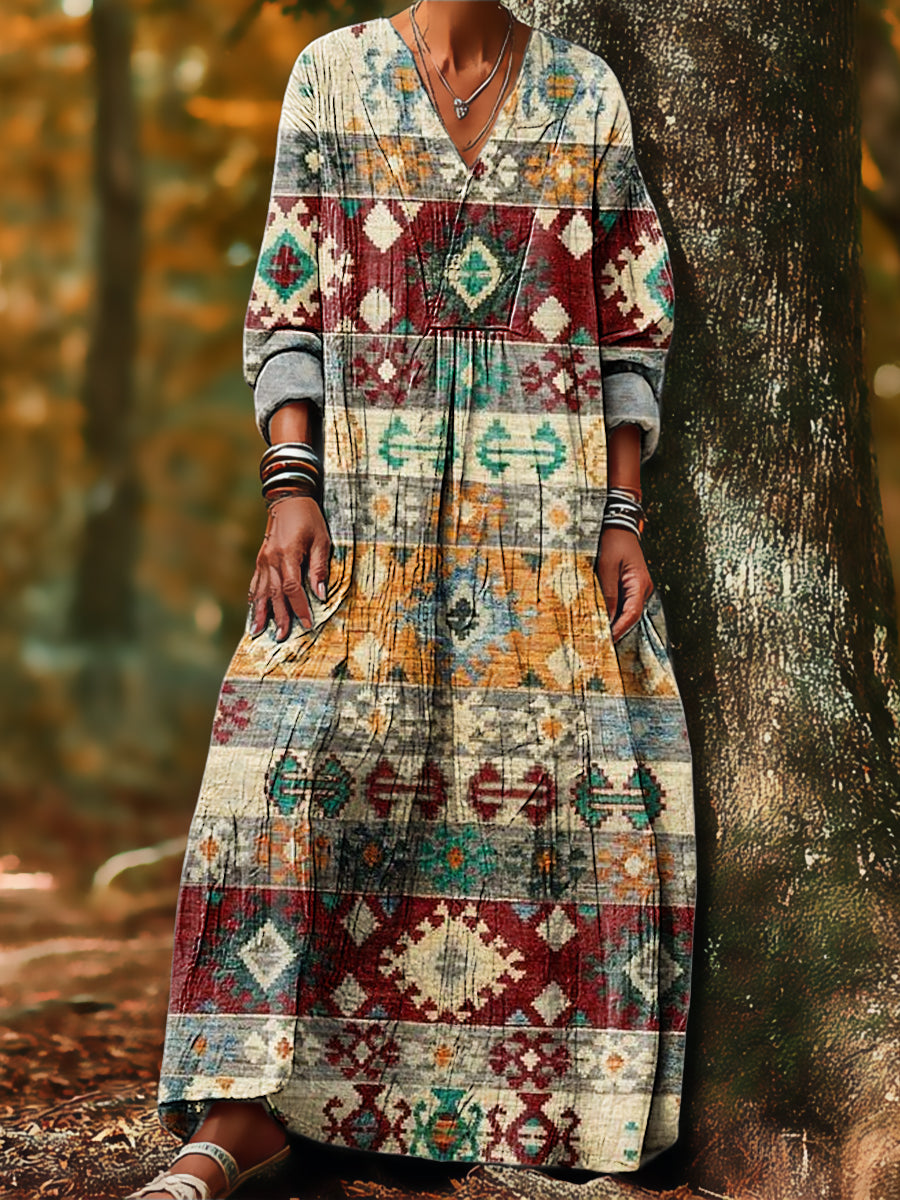 Women's Vintage Ethnic Geometric Stripe Painting Art Print Dress