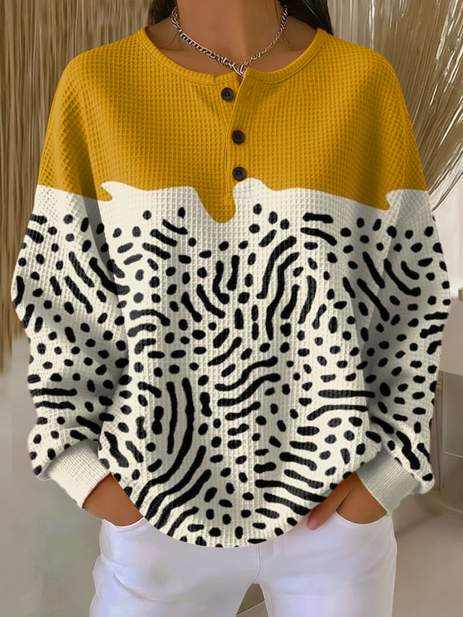 Women's Abstract Pattern Art Print Casual Waffle Henry Collar Sweatshirt