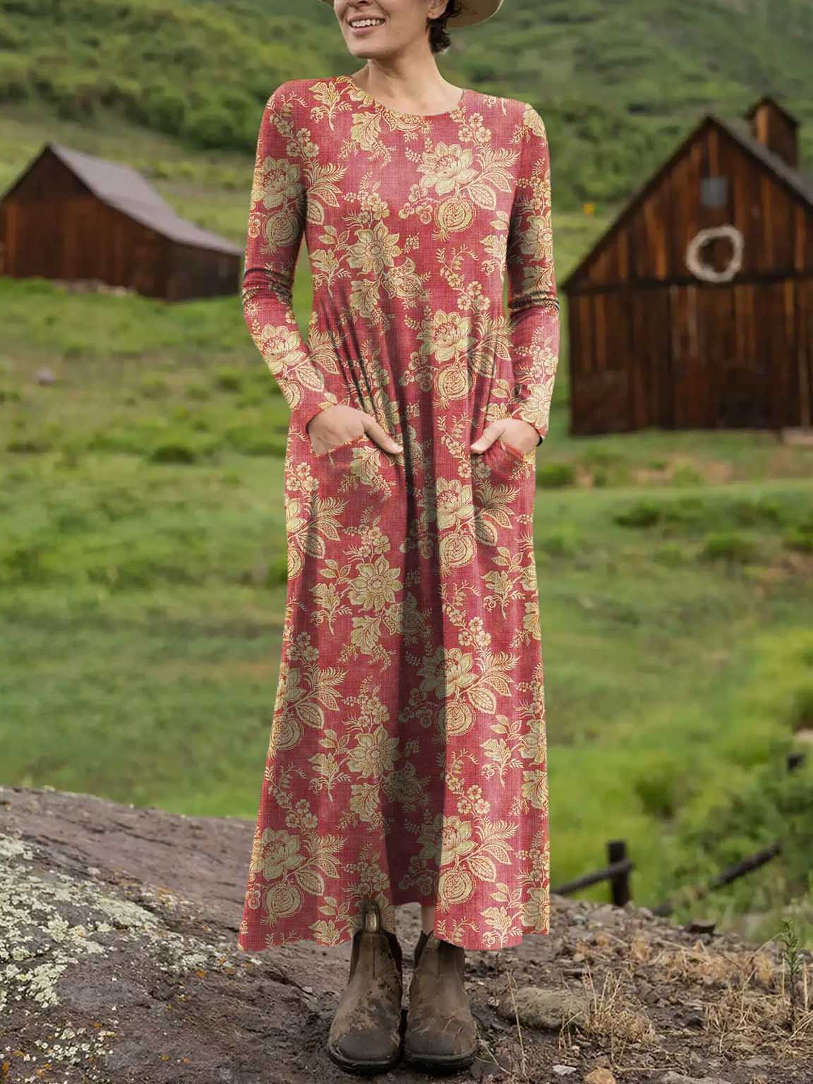 Women's Floral Art Print Casual Long-sleeved Dress