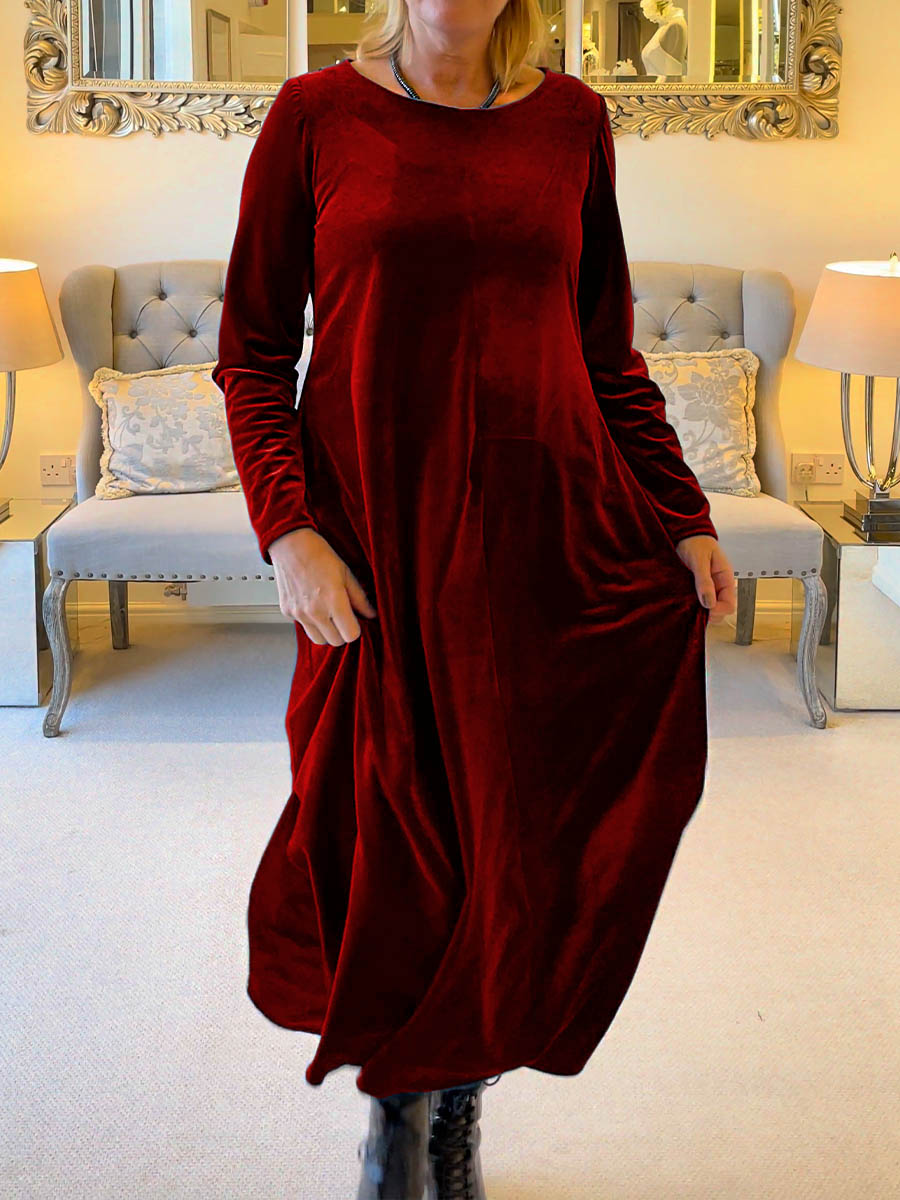 Women's Solid Color Round Neck Long Sleeve Velvet Casual A-Line Dress