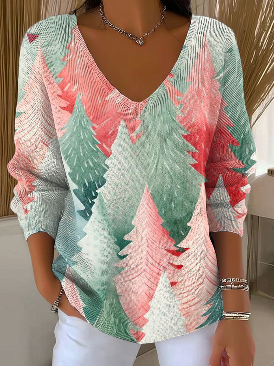 Women's Christmas Tree Art Print Casual Pullover Sweater