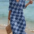 Bohemian-style Color-block Plaid Art Print Cotton-linen Dress