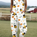 Women's  Bee Vintage  Flowers Art  Print Casual 100% Cotton Wide Leg Jumpsuit