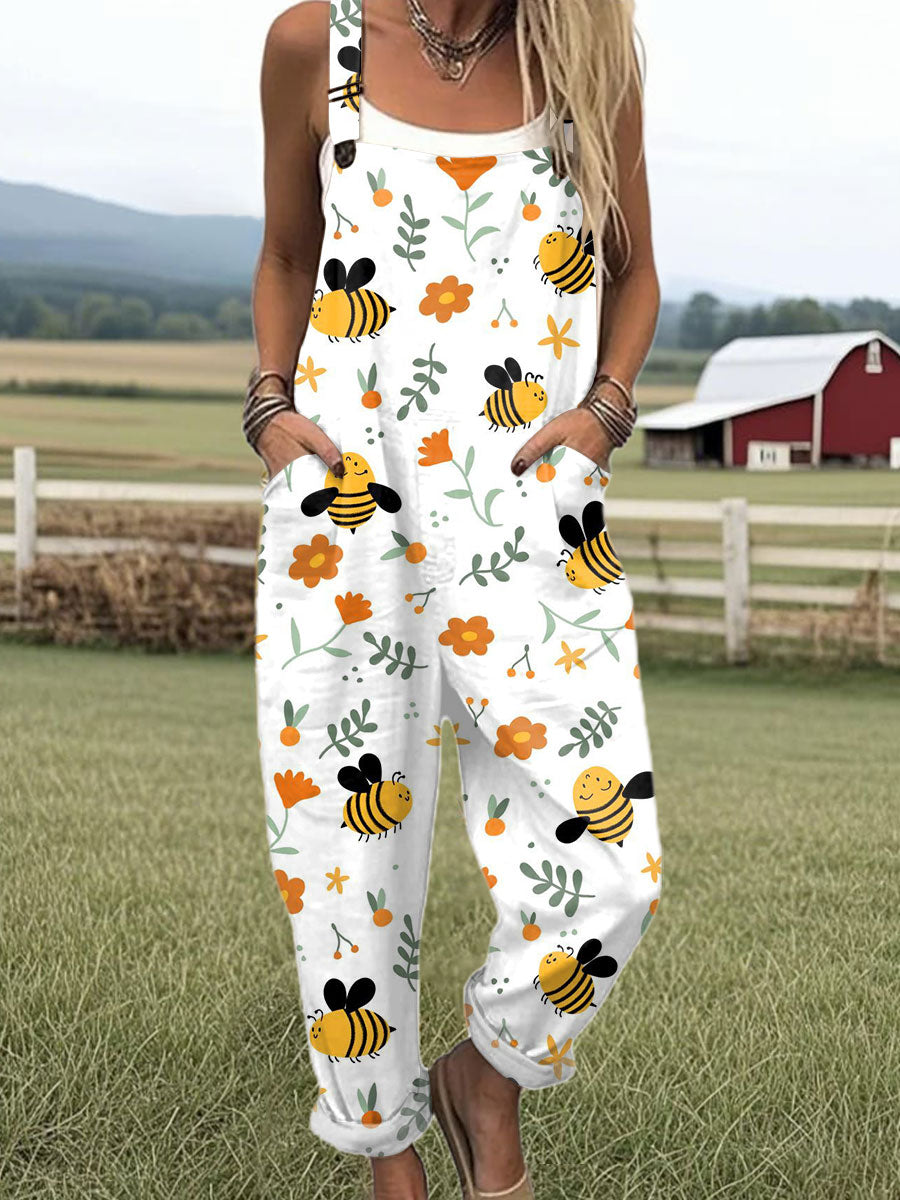 Women's  Bee Vintage  Flowers Art  Print Casual 100% Cotton Wide Leg Jumpsuit