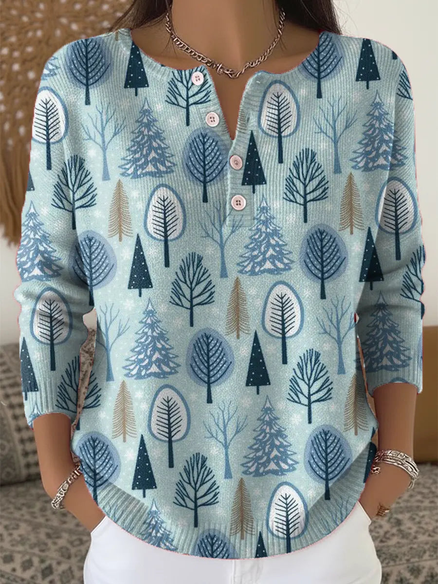 Women's Christmas Tree Art Print Buttoned Cardigan Sweater
