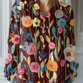 Women's Vintage Flower Art Print Casual Cotton And Linen Ruffle Shirt