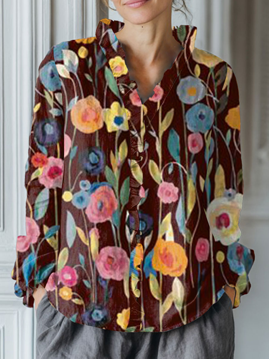 Women's Vintage Flower Art Print Casual Cotton And Linen Ruffle Shirt