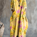 Women's Beautiful Flower Painting Art Print Pocket V-neck Cotton Dress