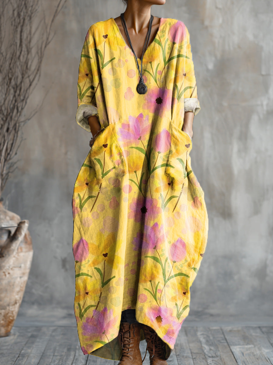 Women's Beautiful Flower Painting Art Print Pocket V-neck Cotton Dress