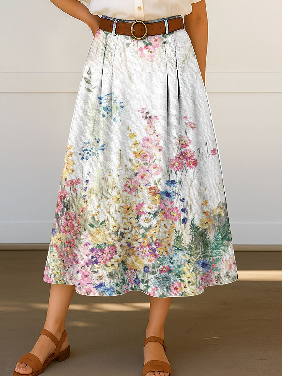 Women's Retro Flowers Floral Pattern Print High Waist Casual A-Line Skirt