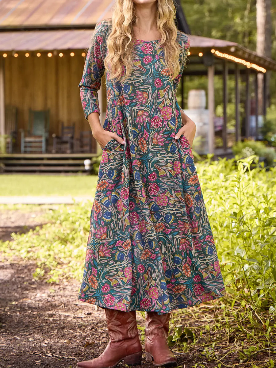 Bohemian Retro Pastoral Vine Print Knitted Stretch Dress