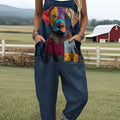 Women's  Funny Dog Art Print Casual 100% Cotton Wide Leg Jumpsuit