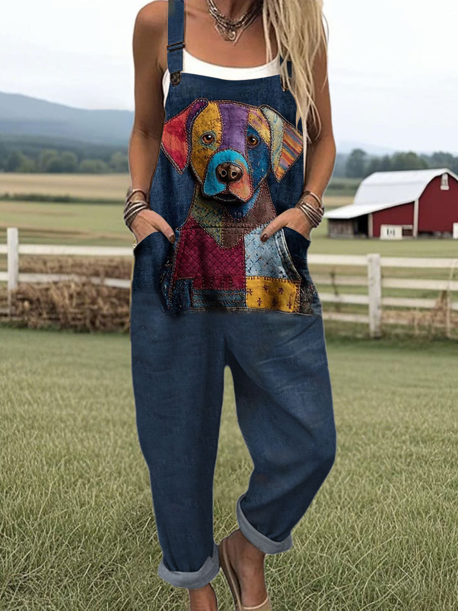 Women's  Funny Dog Art Print Casual 100% Cotton Wide Leg Jumpsuit