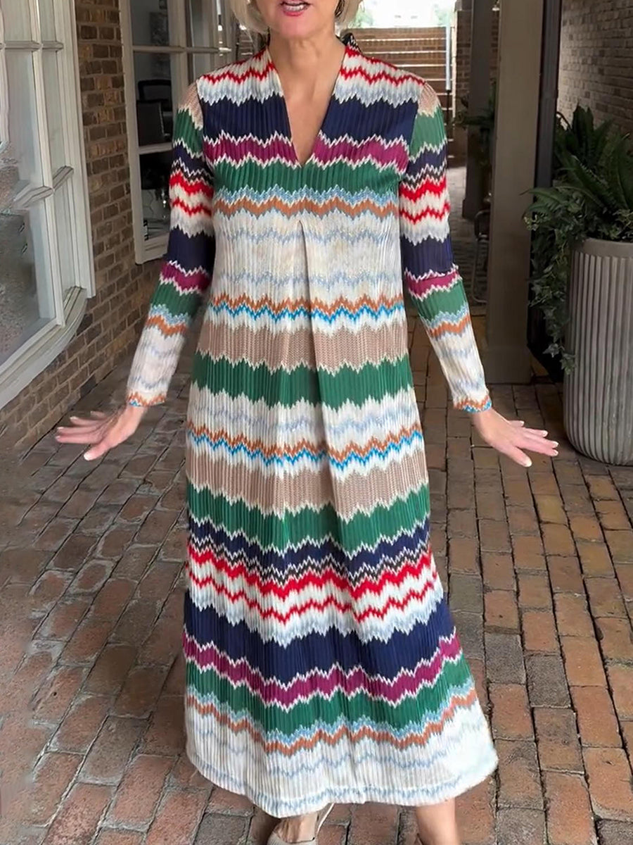 Women's Autumn Pleated V-Neck Herringbone Dress