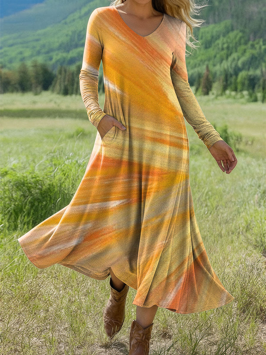 Women's Retro Pattern Print Art Print Long-sleeved Dress