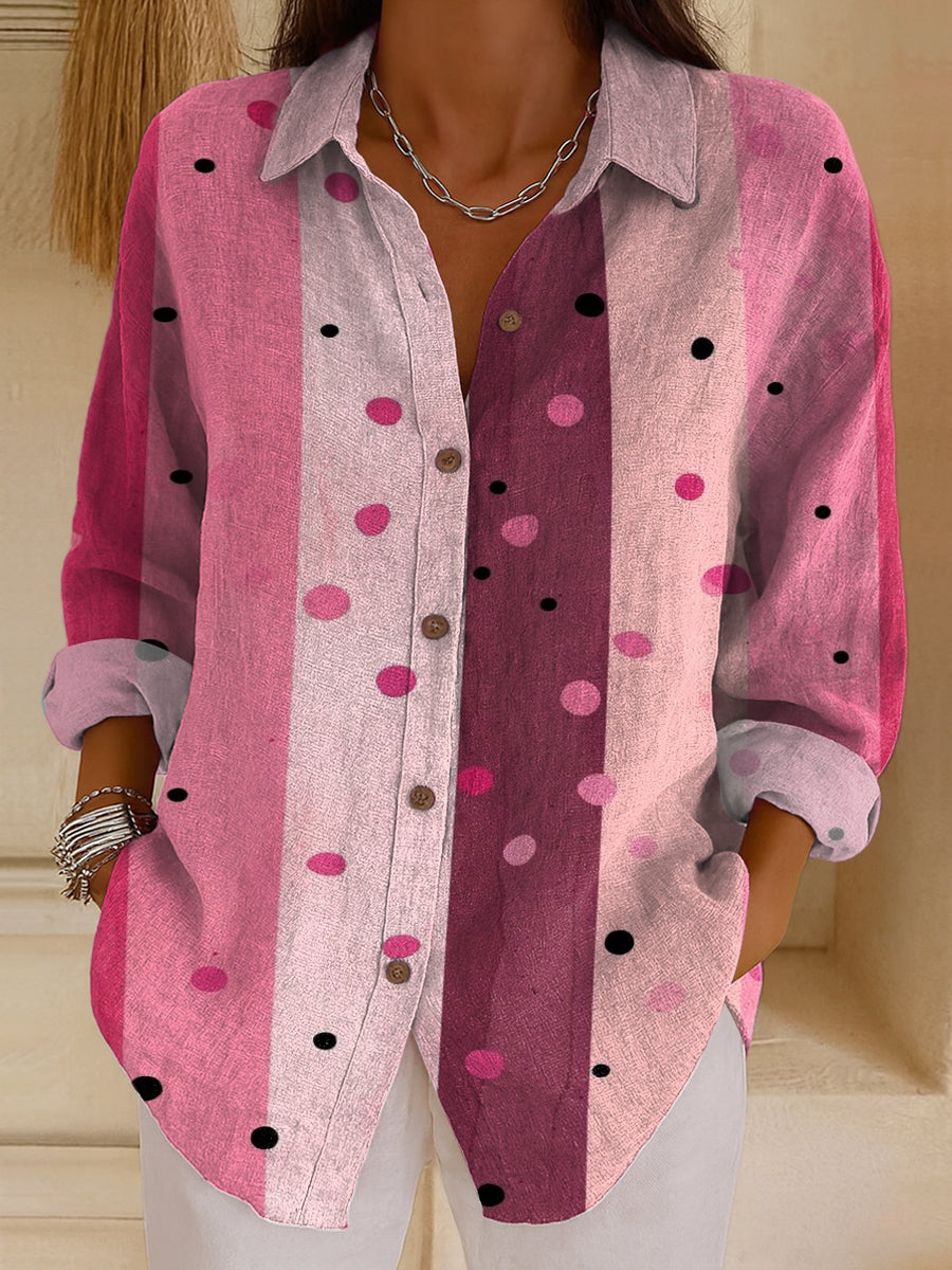 Women's Pink Striped Polka Dots Print Casual Cotton Shirt