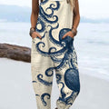 Women's   Vintage Octopus Art Print Casual 100% Cotton Wide Leg Jumpsuit
