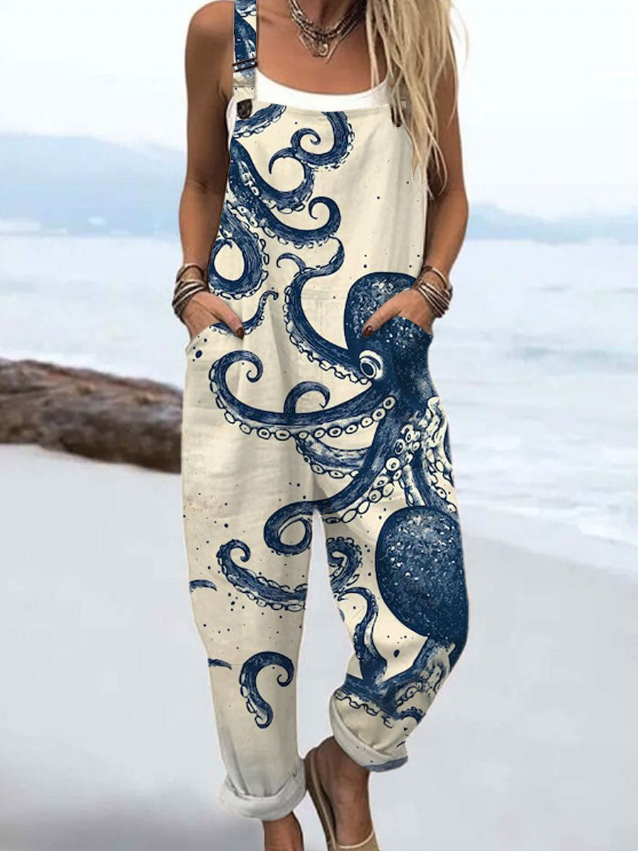 Women's   Vintage Octopus Art Print Casual 100% Cotton Wide Leg Jumpsuit