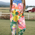 Women's  Vintage Flower Art Print Casual 100% Cotton Wide Leg Jumpsuit