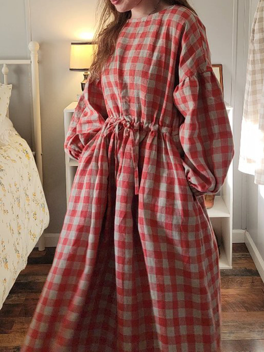 Women's Retro Loose Plaid Waist Drawstring Linen Dress