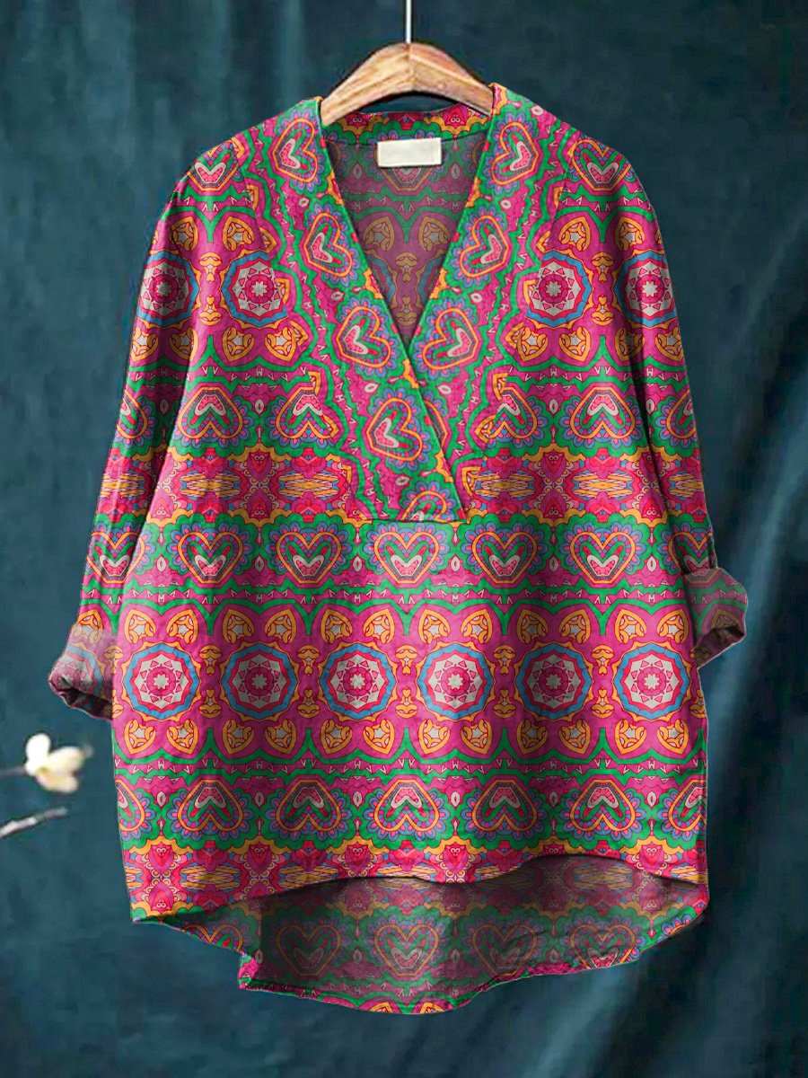 Ethnic Oriental Style Pattern Printed Women's Casual Cotton And Linen V-Neck Shirt