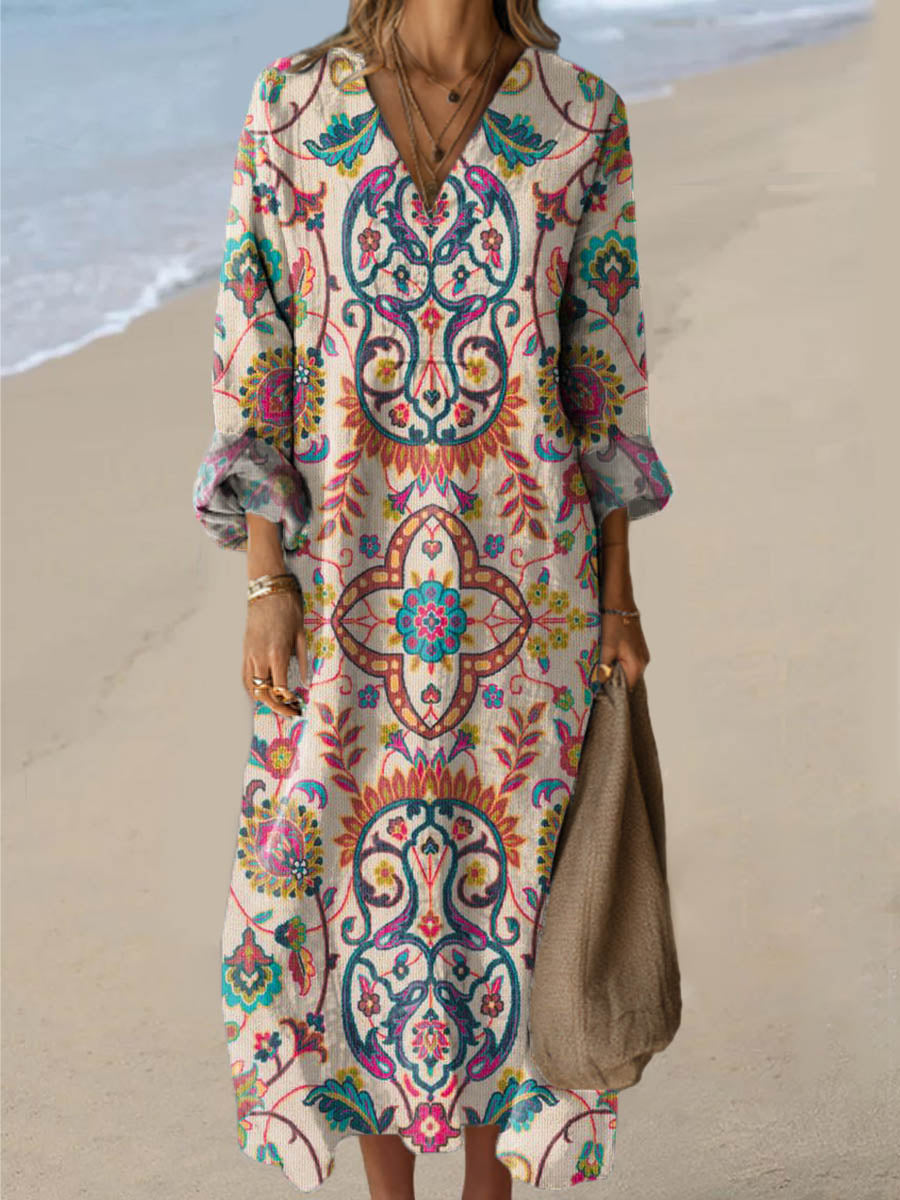 Women's Vintage Floral Pattern Art Print Cotton Dress