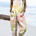 Women's Artistic Watercolour Flowers Print Casual 100% Cotton Wide Leg Jumpsuit