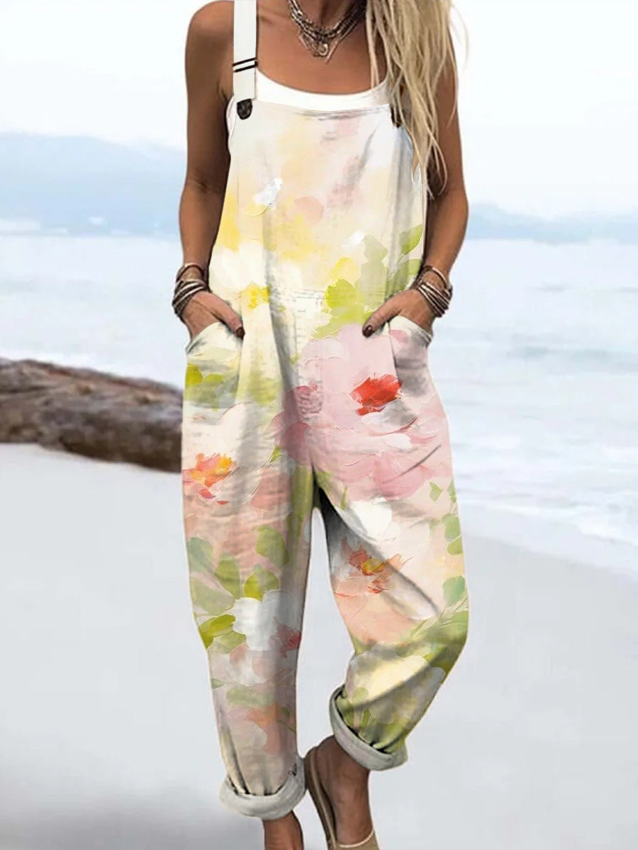 Women's Artistic Watercolour Flowers Print Casual 100% Cotton Wide Leg Jumpsuit
