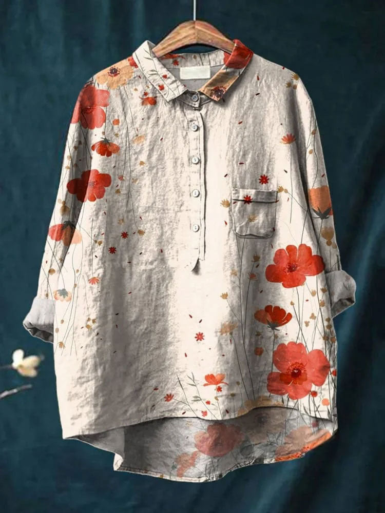 Watercolor Poppy Floral Art Pattern Printed Women's Casual Cotton And Linen Shirt