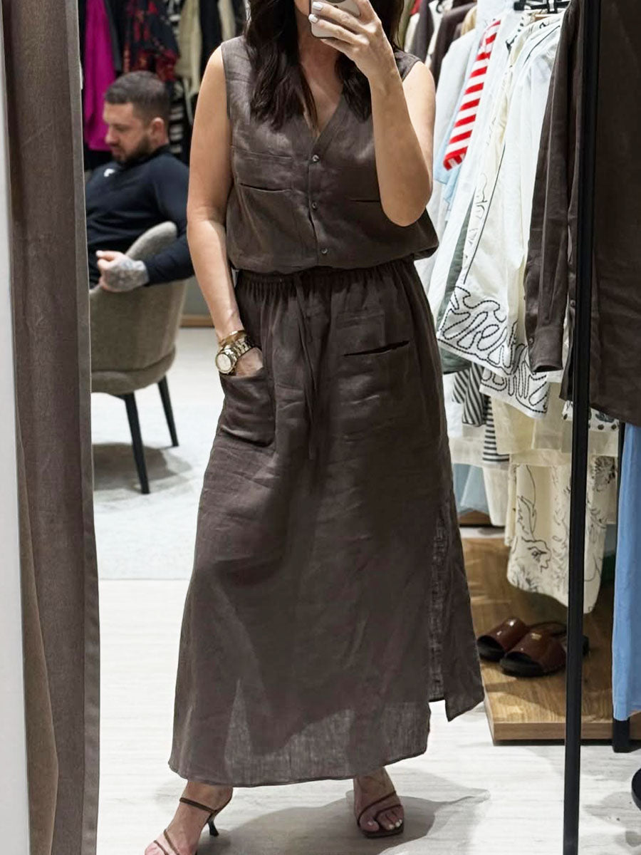 Women's Solid Color V-Neck Sleeveless Tops Elastic Waist Tie Casual Pocket Linen Skirt Set