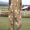 Women's  Vintage Flower Bee Art Print Casual 100% Cotton Wide Leg Jumpsuit
