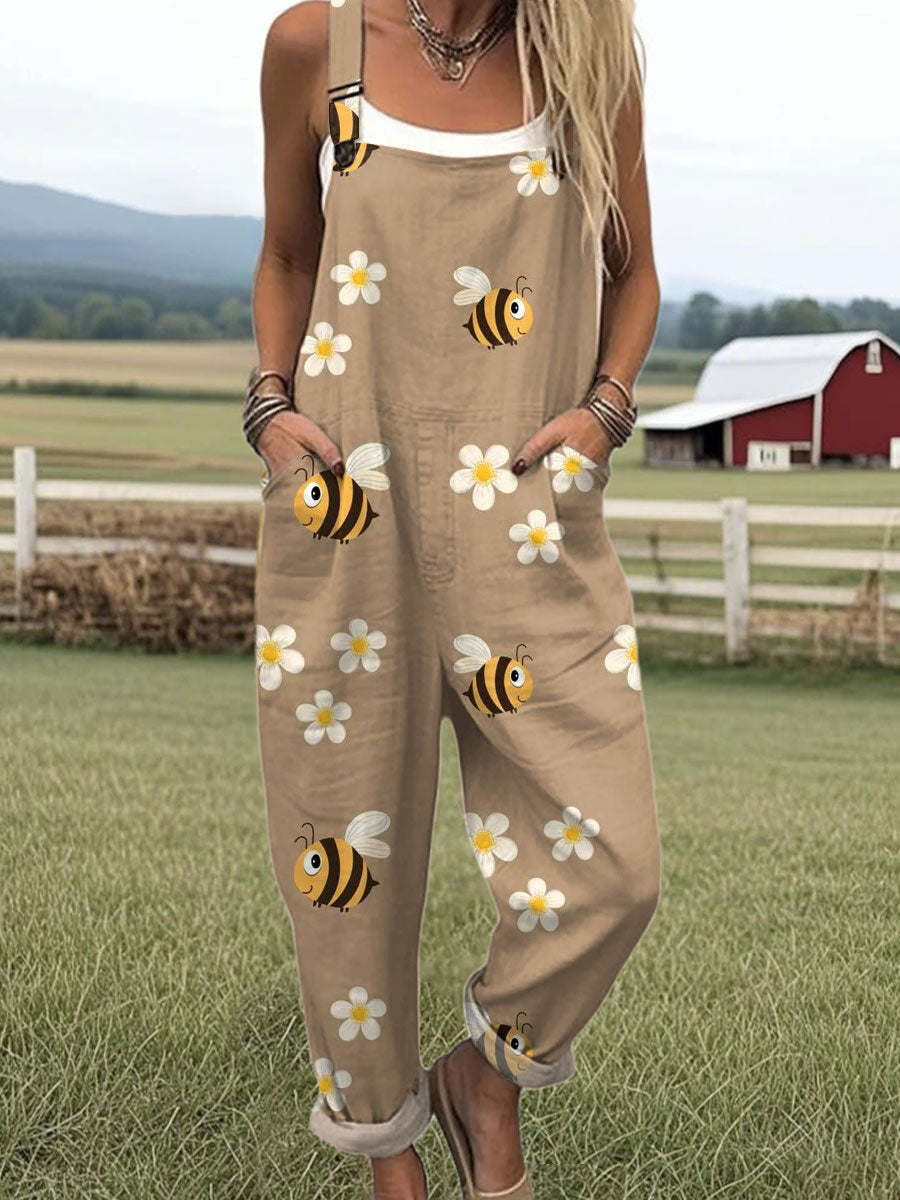 Women's  Vintage Flower Bee Art Print Casual 100% Cotton Wide Leg Jumpsuit
