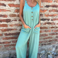 Solid color button pocket loose casual overalls jumpsuit