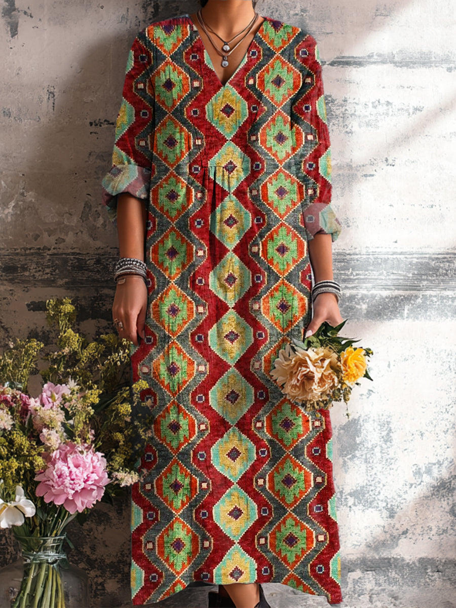 Women's Vintage Ethnic Diamond Geometric Stripe Art Print Dress