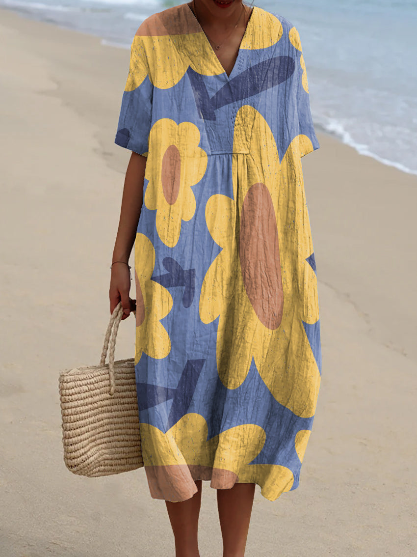 Women's Big Yellow Flower Print Watercolor Splash Fluid Art Print Flowy Dress