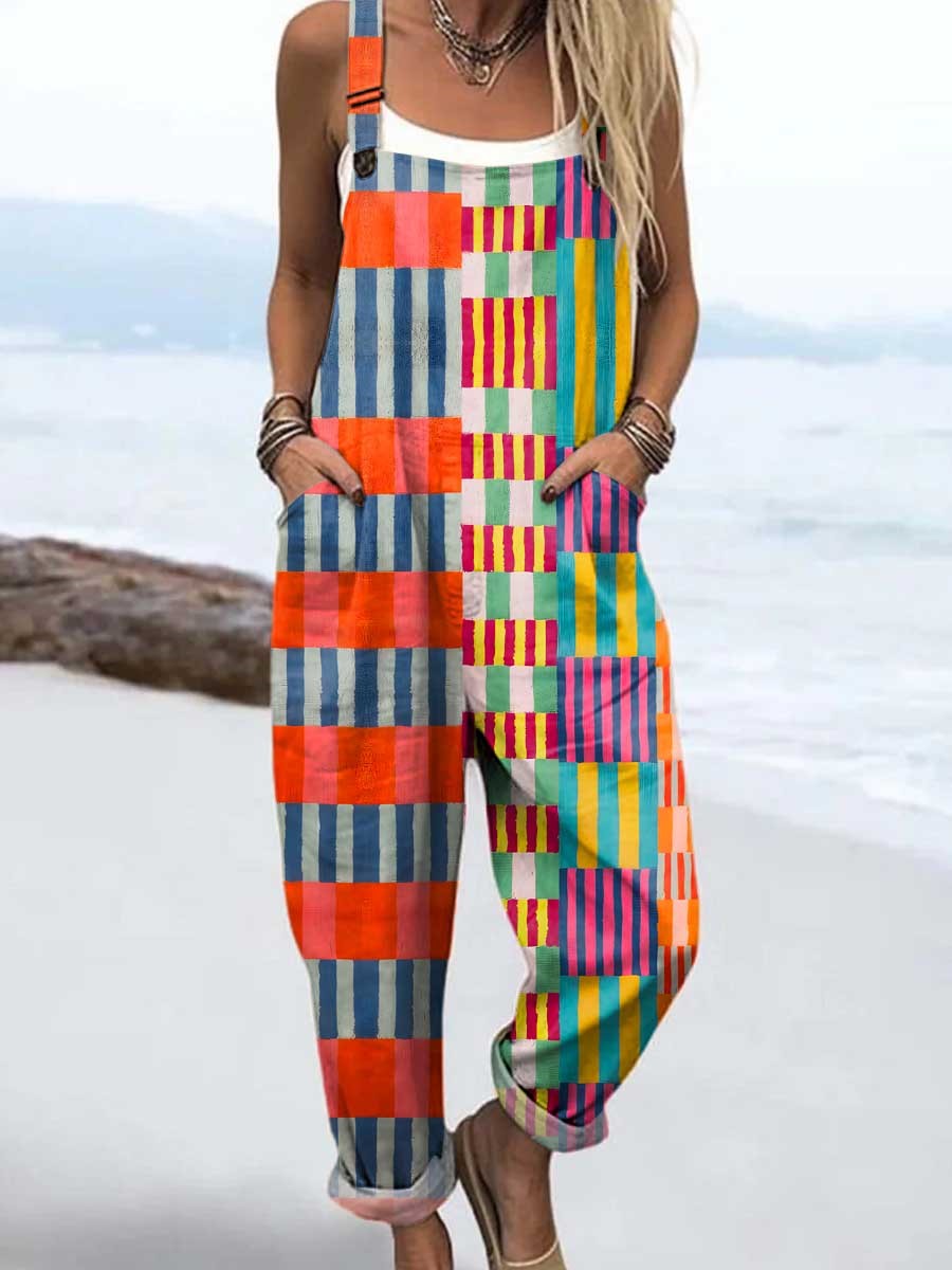 Women's Geometric Pattern Art Print Casual 100% Cotton Wide Leg Jumpsuit