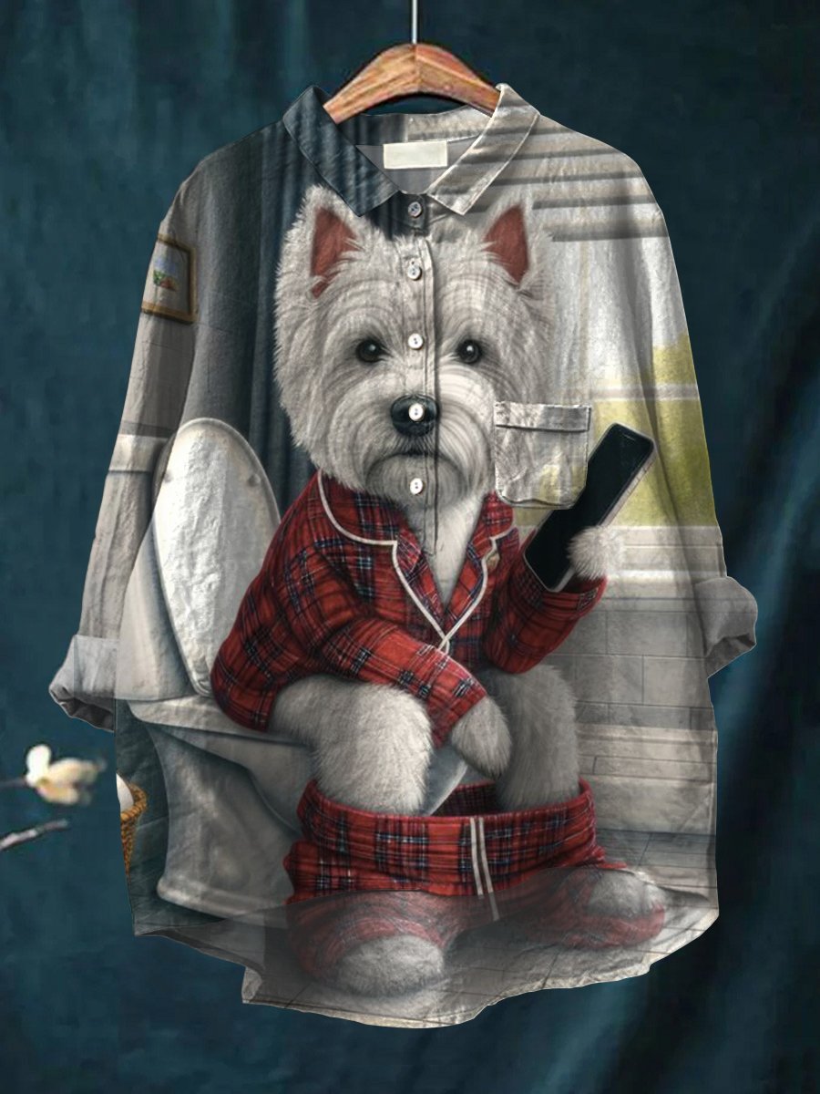 Women's Dog Print Casual Cotton And Linen Shirt